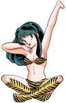  animal_print arm_up armpits bikini blue_eyes boots breasts full_body green_hair hand_on_own_cheek horns indian_style long_hair lum medium_breasts navel official_art oni simple_background sitting solo strapless strapless_bikini swimsuit takahashi_rumiko tiger_print urusei_yatsura white_background 