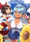  2girls alternate_breast_size alternate_costume armpit_crease ascot bare_arms blue_bow blue_eyes blue_hair blush bow breasts brown_eyes brown_hair cirno cleavage collarbone commentary_request cowboy_shot day eyebrows_visible_through_hair fang field flower flower_field hair_bow hakurei_reimu hand_on_hip hand_up hip_vent ice ice_wings large_breasts leaning_forward looking_at_another looking_at_viewer multiple_girls older open_mouth outdoors plant shin_(new) shirt short_hair short_sleeves skirt skirt_set sleeveless smile standing sunflower tan tanned_cirno touhou v vines wings 