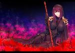  armor bodysuit breasts fate/grand_order fate_(series) flower gae_bolg highres holding holding_weapon jewelry large_breasts long_hair looking_at_viewer pauldrons polearm purple_bodysuit purple_hair red_eyes resized scathach_(fate)_(all) scathach_(fate/grand_order) shoulder_armor spear upscaled waifu2x weapon zucchini 