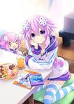  arm_support character_doll closed_mouth cookie d-pad d-pad_hair_ornament food full_body glass hair_ornament highres hood hoodie juice looking_at_viewer looking_back neptune_(choujigen_game_neptune) neptune_(series) official_art open_mouth purple_eyes purple_hair short_hair sitting sketch smile thighhighs tsunako zettai_ryouiki 