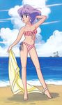  adjusting_hair anklet barefoot beach bikini creamy_mami day earrings highres island jewelry kitagawa_yuuko lipstick mahou_no_tenshi_creamy_mami makeup morisawa_yuu navel official_art outdoors purple_hair sand short_hair solo standing sunglasses swimsuit towel 