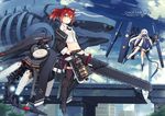  black_bra black_footwear black_panties blue_eyes blue_footwear blue_sky boots bra breasts brown_legwear chainsword city cityscape cloud cloudy_sky commentary_request day jacket long_hair looking_at_viewer mecha_musume multiple_girls navel original panties poco_(asahi_age) ponytail red_hair ruins sky small_breasts stomach thighhighs underwear white_hair 
