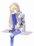  1girl aiz_wallenstein armor armored_dress black_gloves blonde_hair blue_footwear boots breastplate dress dungeon_ni_deai_wo_motomeru_no_wa_machigatteiru_darou_ka expressionless gloves head_tilt long_hair looking_at_viewer oto_(rozeko) short_dress simple_background sitting solo thigh_boots thighhighs white_background white_dress yellow_eyes 