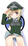  blonde_hair blue_eyes bottomless commentary comord erica_hartmann grin hat no_panties one_eye_closed pussy salute short_hair smile solo strike_witches uncensored world_witches_series 