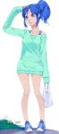  1girl akinbo_(hyouka_fuyou) aqua_sweater arm_up bag blue_eyes blue_footwear blue_hair bra_strap collarbone dress full_body hair_ornament highres holding holding_bag kirakira_precure_a_la_mode long_hair off_shoulder parted_lips plastic_bag precure shoes side_ponytail simple_background sneakers solo standing sweater sweater_dress tategami_aoi white_background 