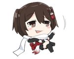  bangs big_head black_legwear blush_stickers brown_eyes brown_hair chibi crossed_legs fang full_body half-closed_eyes kantai_collection lempika no_feet no_nose open_mouth raised_eyebrow remodel_(kantai_collection) scarf sendai_(kantai_collection) sideways_mouth sitting smug solo tassel white_scarf 