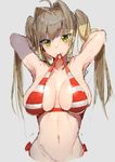  absurdres ahoge armpits arms_up artist_name bikini_in_mouth blonde_hair breasts fate/grand_order fate_(series) green_eyes highres katsudansou large_breasts midriff mouth_hold navel nero_claudius_(fate)_(all) nero_claudius_(swimsuit_caster)_(fate) sketch striped striped_swimsuit swimsuit twintails twitter_username 