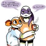  &lt;3 2017 anthro bandanna beverage blue_eyes blush clothed clothing coffee cup dialogue donatello_(tmnt) duo english_text freckles hand_on_shoulder holding_object hug inkyfrog looking_at_viewer male mask michelangelo_(tmnt) red_eyes reptile scalie shell shorts simple_background smile steam teenage_mutant_ninja_turtles text tooth_gap turtle white_background 