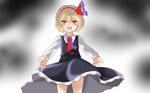  :d blonde_hair blush collared_shirt commentary hair_ribbon hairband incoming_hug long_sleeves looking_at_viewer naughty_face open_mouth red_eyes ribbon rumia shirt short_hair skirt skirt_set smile solo touhou vest you_gonna_get_eaten yururi_nano 