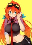  :o absurdres amano_tora bangs blue_bow blue_eyes blush bow breasts clothes_around_waist commentary_request cowlick goggles hair_between_eyes hair_bow hair_tucking hand_up highres kazenoko large_breasts long_hair looking_at_viewer low_twintails midriff navel necktie open_mouth orange_hair original red_hair red_neckwear revision sidelocks simple_background solo sweater_around_waist twintails upper_body v-shaped_eyebrows yellow_background 