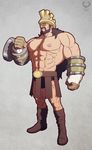  abs artist_name beard boots brown_hair facial_hair full_body gloves grey_background hajrudin helmet highres leomon32 long_hair male_focus manly muscle mustache navel one_piece shirtless solo 