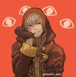  biting brown_gloves cape dark_persona eyes facial_mark fire_emblem fire_emblem:_kakusei glove_biting gloves grin hood hood_up konoha_kairi long_sleeves male_focus male_my_unit_(fire_emblem:_kakusei) my_unit_(fire_emblem:_kakusei) red_background red_eyes simple_background smile solo tattoo twitter_username upper_body white_hair 