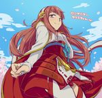  alternate_hairstyle blue_sky day fingerless_gloves fire_emblem fire_emblem_if from_below gloves hairband hiyori_(rindou66) japanese_clothes looking_at_viewer outdoors pink_hair sakura_(fire_emblem_if) sky smile solo translated white_gloves 