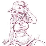  anthro baseball_cap breasts canine dog female hair hair_over_eye hat mammal open_mouth open_smile plagueofgripes sam_(colo) sitting smile solo 
