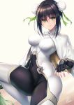  1girl bangs black_gloves black_hair blush bodysuit breasts bun_cover cape chinese_clothes cloud_print covered_navel double_bun fate/grand_order fate_(series) fingerless_gloves fukai_ryousuke gloves gradient gradient_background green_eyes green_ribbon hair_ribbon highres hips leg_up looking_at_viewer medium_breasts polearm qin_liangyu_(fate) ribbon sidelocks signature solo spear thighs weapon white_background white_bodysuit 