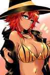  agetama bare_shoulders blush bra breasts cleavage closed_mouth coat commentary_request dark_skin green_eyes hair_between_eyes hat highres large_breasts long_hair looking_at_viewer navel open_clothes open_coat original red_hair solo stomach underwear undressing upper_body witch witch_hat yellow_bra 