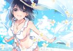  :d bangs beach bikini bikini_skirt black_hair blush breasts cleavage cloud commentary_request day floating_hair flower frilled_bikini_top frills front-tie_top grey_eyes hair_between_eyes hat holding jewelry large_breasts looking_at_viewer navel ocean open_mouth original outdoors pendant shawl skirt sky smile solo straw_hat sun_hat swimsuit tareme u35 upper_body white_bikini white_flower 
