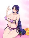  areola_slip areolae bare_shoulders bikini blush breasts cameltoe cleavage collarbone covered_nipples eyepatch_bikini fate/grand_order fate_(series) fellatio_gesture highres large_breasts long_hair looking_at_viewer minamoto_no_raikou_(fate/grand_order) minamoto_no_raikou_(swimsuit_lancer)_(fate) navel open_mouth pubic_hair pubic_hair_peek purple_bikini purple_eyes purple_hair saliva saliva_trail sitting solo sukumo_(kemutai) sweat swimsuit tongue tongue_out very_long_hair 