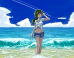  bandaid bandaid_on_nose cloud dailuo day eyewear_removed glasses green_eyes green_hair holding holding_eyewear looking_at_viewer midriff ocean outdoors ponytail shirt short_shorts short_sleeves shorts sky solo standing tessou_tsuzuri to_aru_kagaku_no_railgun to_aru_majutsu_no_index white_shirt 