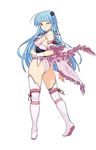  ass bangs bare_shoulders blue_hair blunt_bangs blush boots breasts clenched_hand detached_sleeves flower frilled_sleeves frills hair_flower hair_ornament hairband himukai_kyousuke japanese_clothes large_breasts leotard long_hair looking_at_viewer obi official_art one_eye_closed red_eyes ribbon ring_dream sash solo white_footwear white_legwear wince wrestling_outfit yuki_onna_(ring_dream) 