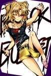 ;) agetama black_bullet black_shirt blonde_hair blush breasts collarbone commentary_request dog_tags highres katagiri_yuzuki looking_at_viewer nail_polish navel off-shoulder_shirt one_eye_closed pink_nails red_eyes shirt shorts small_breasts smile solo t-shirt two_side_up 