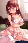  bare_shoulders blush breast_hold breasts brown_hair cleavage collarbone commentary_request curtains groin hair_ornament hairclip higa indoors large_breasts lingerie long_hair looking_at_viewer navel original purple_eyes sitting sketch solo thighhighs thighs underwear wariza white_legwear 
