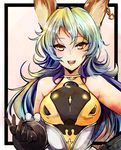  :d agetama animal_ears bare_shoulders black_gloves blue_hair blush breasts brown_eyes bunny_ears cape commentary_request earrings erune ferry_(granblue_fantasy) gloves granblue_fantasy highres jewelry long_hair looking_at_viewer medium_breasts open_mouth single_earring smile solo upper_body wavy_hair 