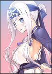  ainu_clothes blue_eyes breasts cropped_jacket folded_ponytail headband kamoi_(kantai_collection) kantai_collection large_breasts long_hair long_sleeves looking_at_viewer mizusaki_(tengoku) sideboob sidelocks solo thick_eyebrows upper_body white_hair wrist_guards 