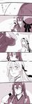  blush bug_bite chin_grab closed_mouth comic eyebrows_visible_through_hair hair_between_eyes hair_ribbon headband hickey highres japanese_clothes kantai_collection kimono long_hair monochrome multiple_girls remodel_(kantai_collection) ribbon shoukaku_(kantai_collection) smile tasuki translated twintails weidashming zuikaku_(kantai_collection) 