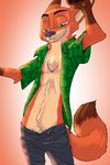  2017 akiric animal_genitalia anthro bare_chest canine chest_tuft clothed clothing dipstick_tail disney fox gradient_background green_eyes half-closed_eyes male mammal multicolored_tail navel_tuft nick_wilde no_underwear open_pants open_shirt penis sheath simple_background smile solo standing tuft zootopia 