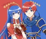  1girl armor blue_armor blue_eyes blue_hair blush cape couple dress fire_emblem fire_emblem:_fuuin_no_tsurugi fire_emblem:_rekka_no_ken hat hetero lilina long_hair looking_at_viewer open_mouth red_hair roy_(fire_emblem) short_hair smile wspread 