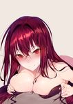  bangs bare_shoulders bikini black_bikini blush breast_press breasts eyelashes fate/grand_order fate_(series) highres hplay large_breasts long_hair looking_at_viewer lying on_stomach purple_hair red_eyes scathach_(fate)_(all) scathach_(fate/grand_order) simple_background smile solo swimsuit under_covers untied untied_bikini very_long_hair 