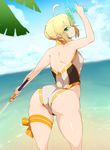  ahoge artoria_pendragon_(all) artoria_pendragon_(swimsuit_archer) ass back bare_shoulders beach blonde_hair day excalibur fate/grand_order fate_(series) from_behind green_eyes highleg highleg_swimsuit highres looking_at_viewer ocean one-piece_swimsuit outdoors palm_tree sekiyu_(spartan) smile solo swimsuit tree water_gun 