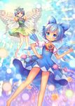  &gt;:) :d antennae barefoot blue_bow blue_dress blue_eyes blue_hair blush bow brown_eyes butterfly_wings cirno closed_mouth commentary_request danmaku dress eternity_larva flower full_body green_dress hair_bow hair_ornament ice ice_wings leaf_hair_ornament magic_circle multiple_girls open_mouth outstretched_arms pjrmhm_coa puffy_short_sleeves puffy_sleeves short_hair short_sleeves smile spread_arms sunflower tanned_cirno touhou v-shaped_eyebrows wings 