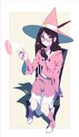  belt black_hair black_nails boots breasts brown_eyes commentary crescent glasses hat hat_feather hat_ornament highres kamameshi_gougoumaru little_witch_academia looking_at_viewer magic medium_breasts megaphone nail_polish on_chair pink_footwear pink_robe robe shadow sitting smile solo tied_hair ursula_charistes witch witch_hat 