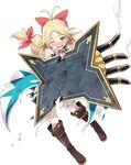  antenna_hair blonde_hair blue_eyes blush boots full_body hair_ribbon kekemotsu knee_boots long_hair low-tied_long_hair official_art one_eye_closed open_mouth oshiro_project oshiro_project_re ribbon shield shiryoukaku_(oshiro_project) solo thighhighs torn_clothes torn_legwear transparent_background 