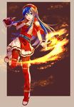  blue_eyes blue_hair book boots fingerless_gloves fire fire_emblem fire_emblem:_fuuin_no_tsurugi gloves highres holding holding_book lilina long_hair magic pantyhose red_footwear red_legwear skirt solo thigh_boots thighhighs yuki_(sumaburalove) 