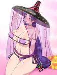  areola_slip areolae bare_shoulders bikini blush breasts cameltoe cleavage collarbone covered_nipples eyepatch_bikini fate/grand_order fate_(series) fellatio_gesture hat highres large_breasts long_hair looking_at_viewer minamoto_no_raikou_(fate/grand_order) minamoto_no_raikou_(swimsuit_lancer)_(fate) navel open_mouth pubic_hair pubic_hair_peek purple_bikini purple_eyes purple_hair saliva saliva_trail sitting solo sukumo_(kemutai) sweat swimsuit tongue tongue_out very_long_hair 