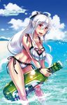  ahoge alcohol beach beer beer_bottle bikini blue_sky blush bottle breasts caffein cleavage cloud commentary_request cross-laced_clothes day headphones long_hair looking_at_viewer ocean open_mouth outdoors oversized_object ponytail red_eyes sand side-tie_bikini silver_hair sky smile solo swimsuit vocaloid voyakiloid water yowane_haku 