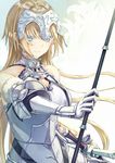  armor bangs blonde_hair blue_eyes breasts closed_mouth eyebrows_visible_through_hair fate/apocrypha fate_(series) faulds gauntlets headpiece holding jeanne_d'arc_(fate) jeanne_d'arc_(fate)_(all) large_breasts light_smile long_hair looking_at_viewer saijou_haruki sheath sheathed sidelocks solo standard_bearer sword tsurime weapon 