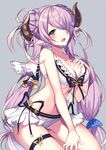  bare_shoulders bikini black_bow blush bow breasts cleavage commentary_request double_bun draph frilled_bikini frills granblue_fantasy hair_ornament hair_over_one_eye hairclip hand_on_own_chest highres hips homaderi horns kneeling large_breasts lavender_hair long_hair narmaya_(granblue_fantasy) open_mouth pointy_ears purple_eyes simple_background smile solo swimsuit thigh_strap thighs very_long_hair white_bikini 