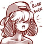  anthro barking baseball_cap blush canine dog english_text female flying_sweatdrops hair_over_eyes hat mammal plagueofgripes sam_(colo) solo sweat sweatdrop text 