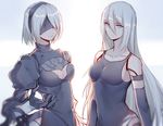  android bare_shoulders black_dress black_gloves black_hairband blindfold blue_eyes breasts cleavage_cutout dress gloves hairband highres long_hair long_sleeves medium_breasts mole mole_under_mouth multiple_girls nier_(series) nier_automata short_hair silver_hair smile tank_top yorha_no._2_type_b yorha_type_a_no._2 yorukun 