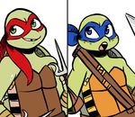  2017 anthro bandanna blue_eyes clothed clothing donatello_(tmnt) duo elbow_pads freckles green_eyes hand_wraps holding_object holding_weapon inkyfrog male mask michelangelo_(tmnt) open_mouth reptile sai scabbard scalie shell simple_background smile teenage_mutant_ninja_turtles tooth_gap turtle weapon white_background wraps wrist_wraps 