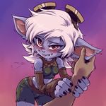  ambiguous_gender blush eyewear fangs female first_person_view goggles human league_of_legends looking_at_viewer mammal plagueofgripes red_eyes riot_games sweat tristana_(lol) video_games yordle 