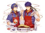  apron blue_eyes blue_hair blueberry bottle box cape cooking crepe fire_emblem fire_emblem:_monshou_no_nazo fire_emblem:_souen_no_kiseki food fruit gloves headband ike konoha_kairi looking_at_another male_focus marth multiple_boys red_apron sleeve_rolled_up smile steam strawberry super_smash_bros. sweatdrop tiara twitter_username upper_body white_gloves 