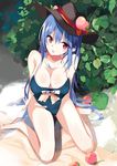  bangs bare_legs bare_shoulders barefoot black_hat blue_hair breasts cleavage collarbone day food fruit hat hat_ribbon highres hinanawi_tenshi large_breasts long_hair looking_at_viewer mole mole_on_breast peach red_eyes red_ribbon ribbon school_swimsuit sitting solo swimsuit tetsurou_(fe+) touhou very_long_hair wariza 