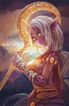  armlet artist_name bandages bracelet breasts capelet character_name earrings horn jewelry large_breasts league_of_legends long_hair looking_at_viewer pointy_ears ponytail purple_skin sideboob solo soraka staff standing tattoo very_long_hair white_hair yellow_eyes youlu 