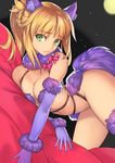 animal_ears bare_shoulders blonde_hair breasts cleavage cosplay dangerous_beast elbow_gloves fang_out fate/apocrypha fate/grand_order fate_(series) full_moon gloves green_eyes highres mash_kyrielight mash_kyrielight_(cosplay) md5_mismatch medium_breasts moon mordred_(fate) mordred_(fate)_(all) ponytail purple_eyes solo tail thighhighs tsuki_suigetsu wolf_ears 