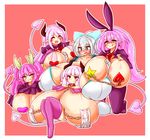  5girls ayazumi_flutter blue_eyes blush breasts breasts_outside bunny_ears chains demon_girl demon_tail earrings eyes_closed fake_animal_ears female full_body gigantic_breasts group hair_ornament hair_ribbon horns licking_lips long_hair multiple_girls nipple_piercing open_mouth orange_eyes original pasties piercing pink_hair pointy_ears purple_legwear red_eyes ribbon silver_hair simple_background sitting smile succubus tail thighhighs tongue yellow_eyes 
